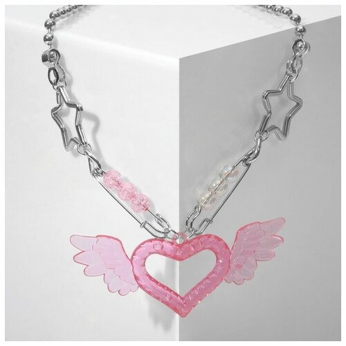 фото Кулон на декоративной основе "сердце" с крыльями, цвет розовый в серебре, 34см queen fair