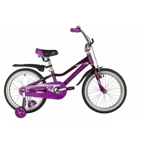 фото Детский велосипед novatrack 18" novara алюм., фиолетовый, пер.руч., зад.нож. тормоз, короткие крылья, полная