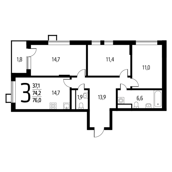 76 м², 3-комнатная квартира 17 670 000 ₽ - изображение 1
