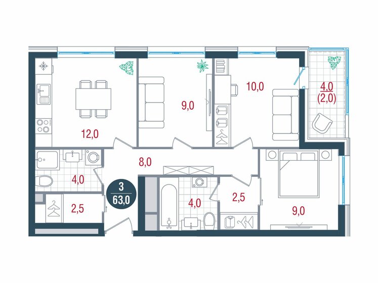63 м², 3-комнатная квартира 17 370 990 ₽ - изображение 42