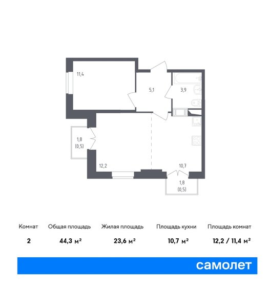 44,3 м², 1-комнатная квартира 14 396 791 ₽ - изображение 1