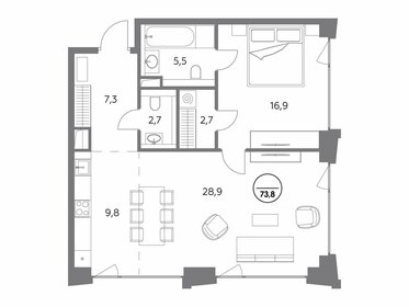 Квартира 73,8 м², 1-комнатная - изображение 1