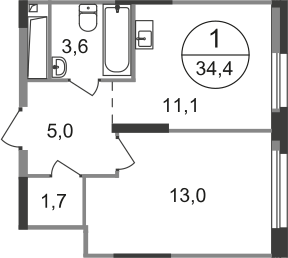 Квартира 34,4 м², 1-комнатная - изображение 1