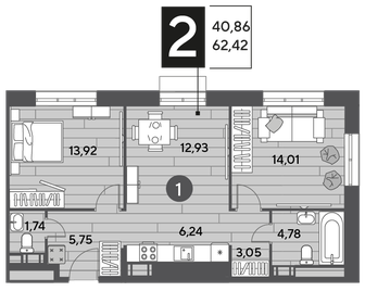 Квартира 62,4 м², 2-комнатная - изображение 1