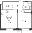 Квартира 49,7 м², 1-комнатная - изображение 1