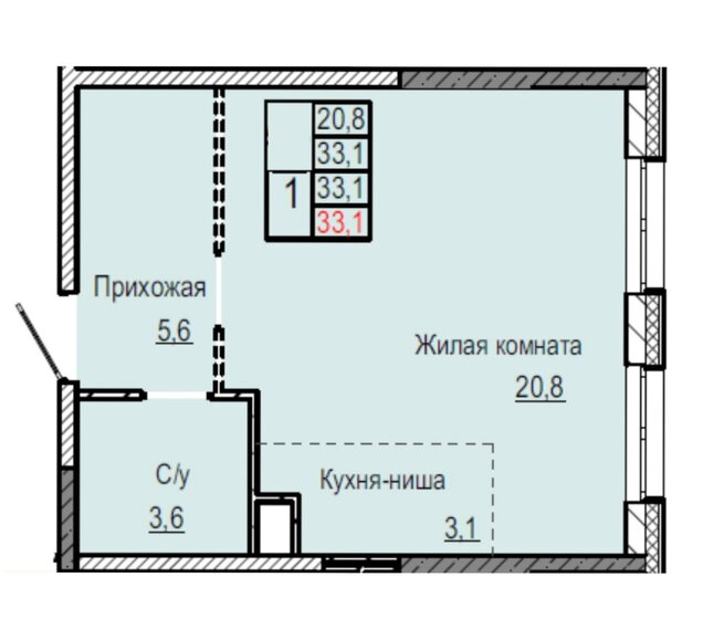 33 м², 1-комнатная квартира 6 999 000 ₽ - изображение 1