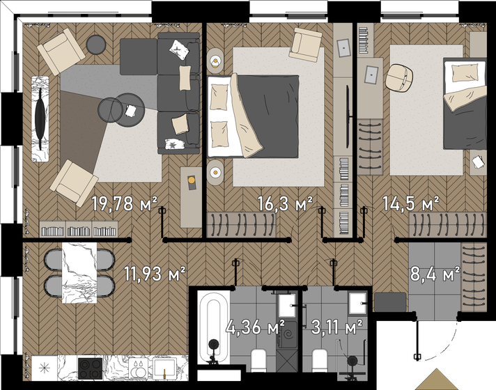 81,1 м², 3-комнатные апартаменты 33 956 396 ₽ - изображение 1