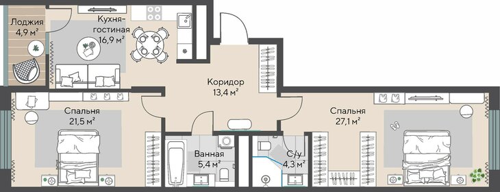 Квартира 91,1 м², 2-комнатная - изображение 2