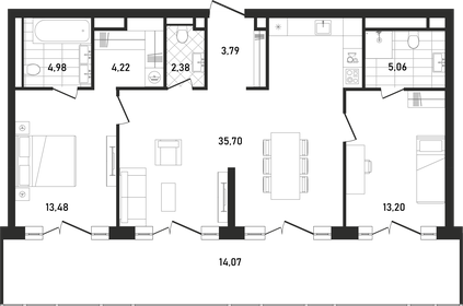 Квартира 96,6 м², 2-комнатная - изображение 1