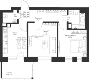 Квартира 55,3 м², 2-комнатная - изображение 1