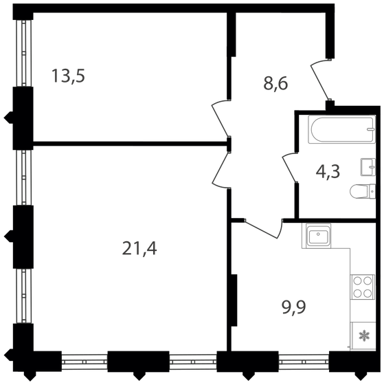 57,7 м², 2-комнатная квартира 16 542 590 ₽ - изображение 1