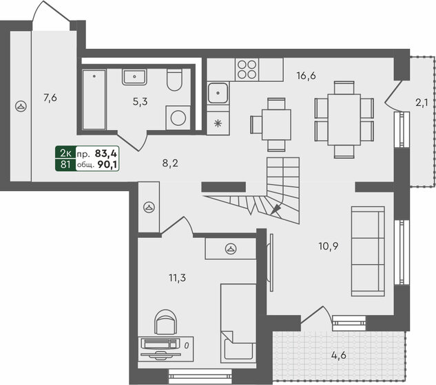 90,1 м², 2-комнатная квартира 9 322 500 ₽ - изображение 1
