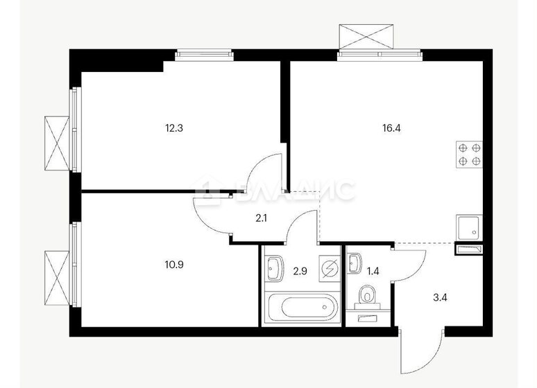 49,4 м², 2-комнатная квартира 9 650 000 ₽ - изображение 13