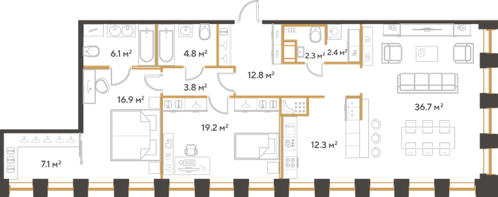 Квартира 124,4 м², 2-комнатная - изображение 1