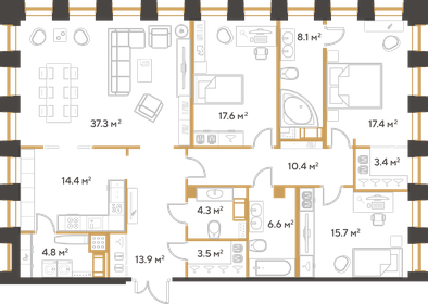 Квартира 157,4 м², 3-комнатная - изображение 1