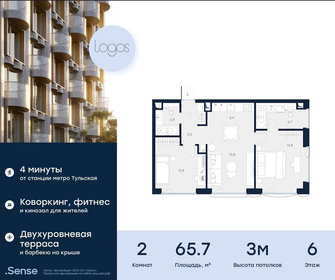 Квартира 65,7 м², 2-комнатные - изображение 1