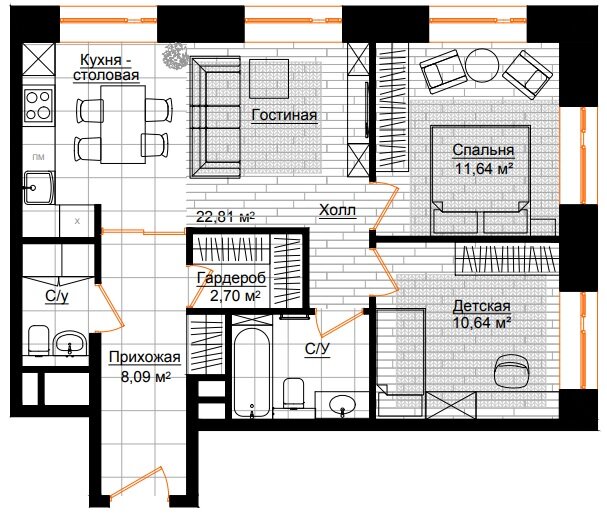 65,5 м², 3-комнатные апартаменты 62 225 000 ₽ - изображение 1