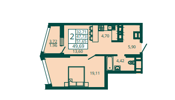 Квартира 49,7 м², 1-комнатная - изображение 1