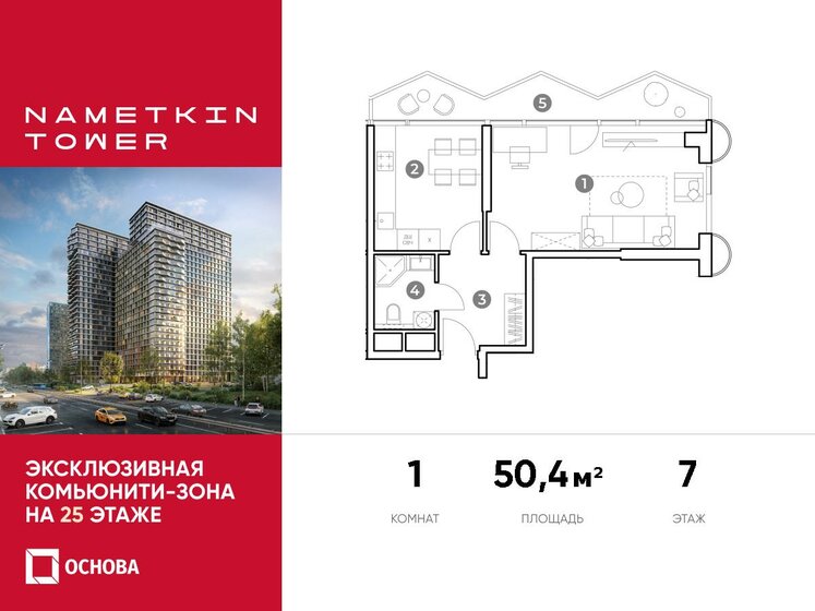 50,4 м², 1-комнатные апартаменты 16 566 480 ₽ - изображение 1