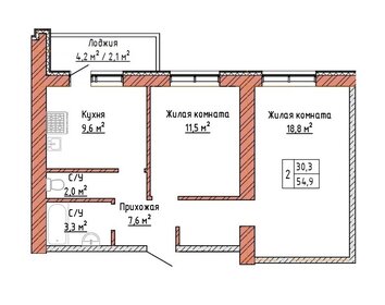 Квартира 54,9 м², 2-комнатная - изображение 1