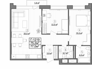 Квартира 77 м², 2-комнатные - изображение 1