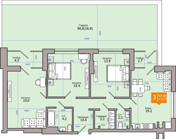 Квартира 111,5 м², 3-комнатная - изображение 1