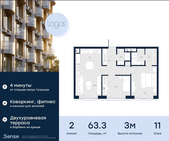 63,3 м², 2-комнатные апартаменты 37 481 000 ₽ - изображение 1