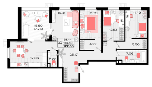 Квартира 122,1 м², 4-комнатная - изображение 1