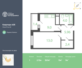 Квартира 35,9 м², 1-комнатная - изображение 1