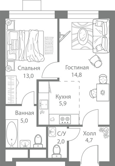 46,1 м², 2-комнатная квартира 14 088 736 ₽ - изображение 1