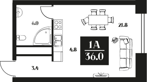 Квартира 36 м², студия - изображение 1