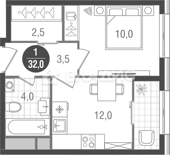 32 м², 1-комнатная квартира 11 200 000 ₽ - изображение 1