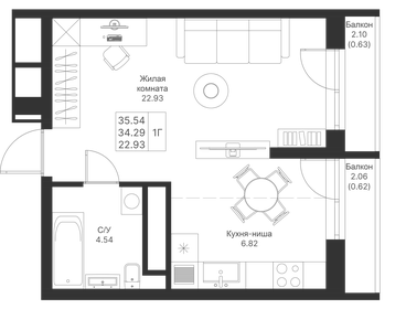 Квартира 35,5 м², 1-комнатная - изображение 1