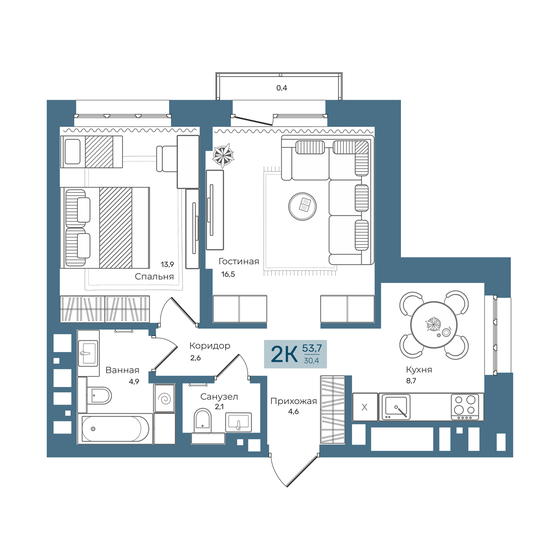 53,7 м², 2-комнатная квартира 9 100 000 ₽ - изображение 1