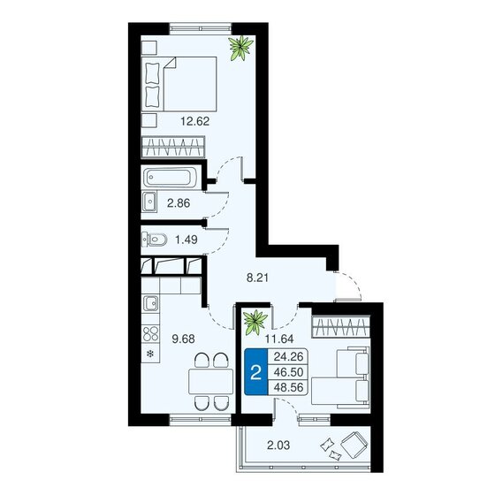 48 м², 2-комнатная квартира 10 974 560 ₽ - изображение 1