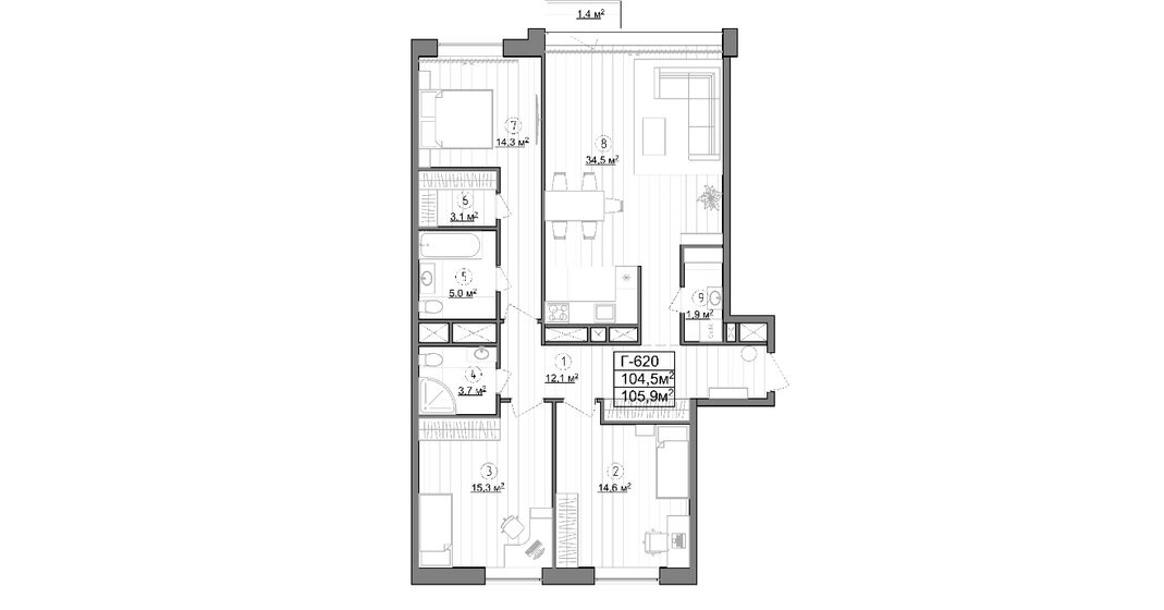 104,5 м², 3-комнатные апартаменты 26 558 676 ₽ - изображение 1