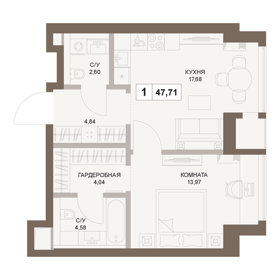 47,7 м², 1-комнатная квартира 25 779 382 ₽ - изображение 1