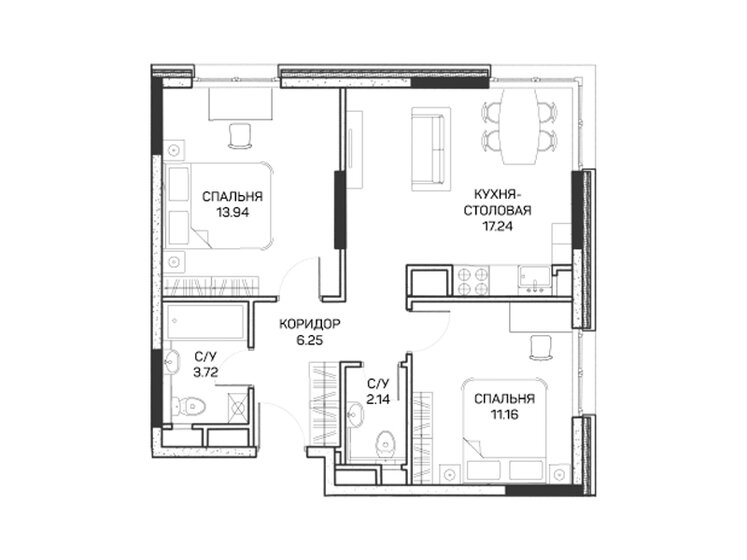 54,5 м², 2-комнатные апартаменты 12 350 520 ₽ - изображение 1