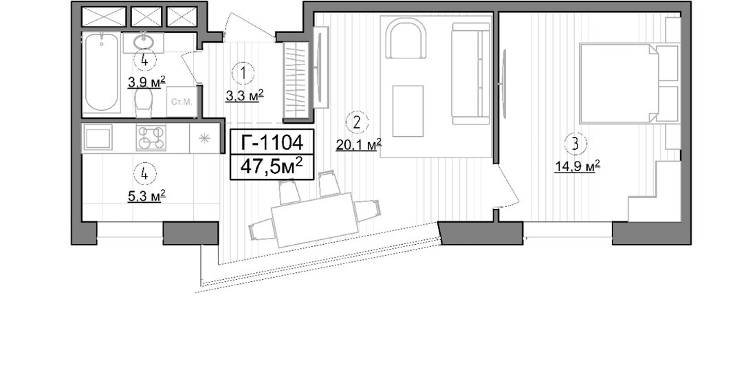 47,5 м², 1-комнатные апартаменты 14 562 033 ₽ - изображение 1