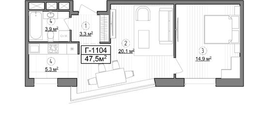 47,3 м², 1-комнатные апартаменты 13 792 112 ₽ - изображение 1
