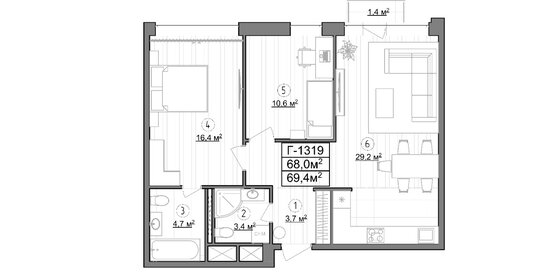 Квартира 68 м², 2-комнатные - изображение 1