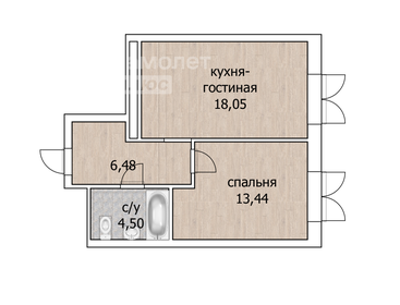 Квартира 42,5 м², 2-комнатная - изображение 1