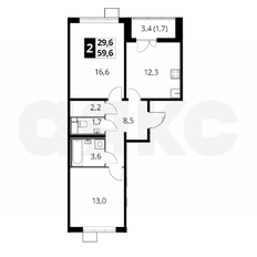 Квартира 59,6 м², 2-комнатная - изображение 1