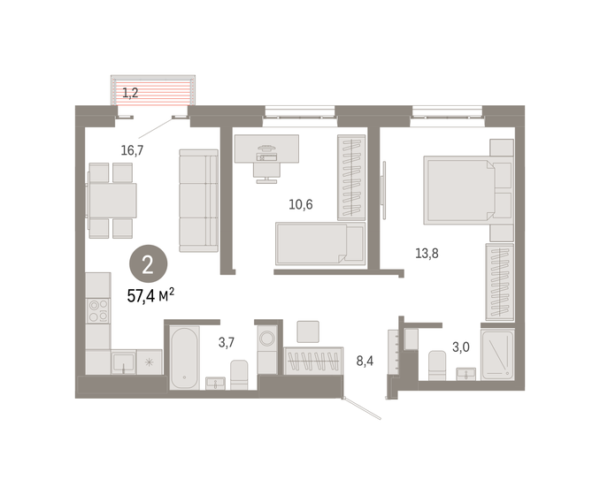57,4 м², 2-комнатная квартира 19 080 000 ₽ - изображение 1