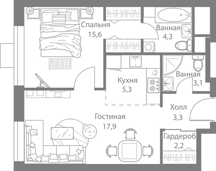52,4 м², 2-комнатная квартира 16 375 655 ₽ - изображение 1