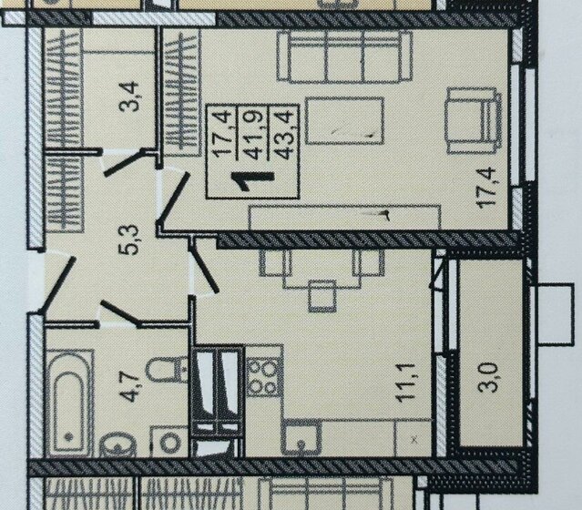 43,4 м², 1-комнатная квартира 13 300 000 ₽ - изображение 1
