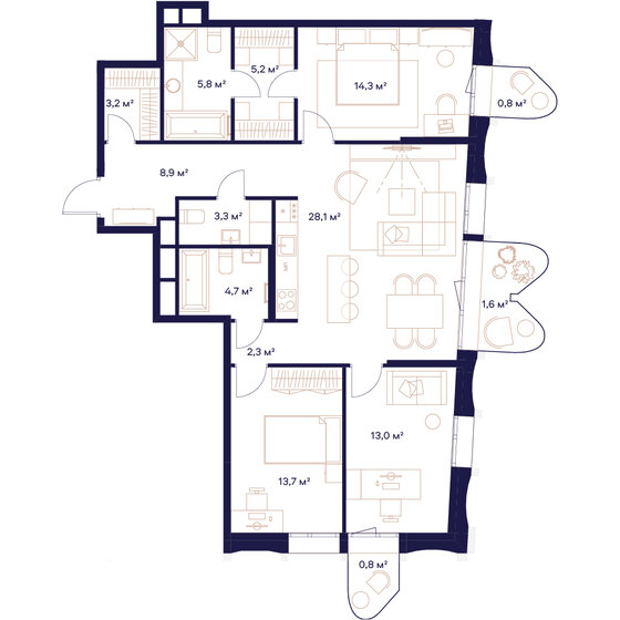 105,8 м², 3-комнатная квартира 47 175 200 ₽ - изображение 51