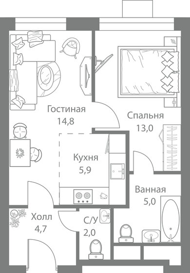 46,1 м², 2-комнатная квартира 14 300 796 ₽ - изображение 1