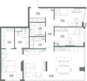 Квартира 116,1 м², 3-комнатная - изображение 1
