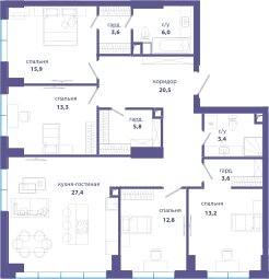 Квартира 127,5 м², 4-комнатная - изображение 1
